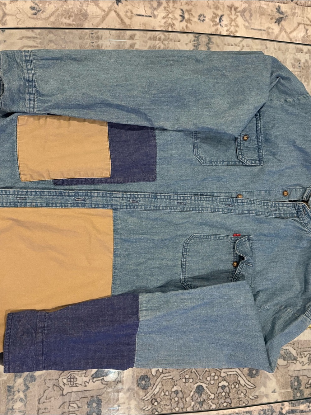 Levi’s Denim Patchwork Button-Up with Tan & Navy Patches